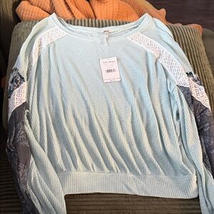 Free People Mint Textured Top with Lace Accents